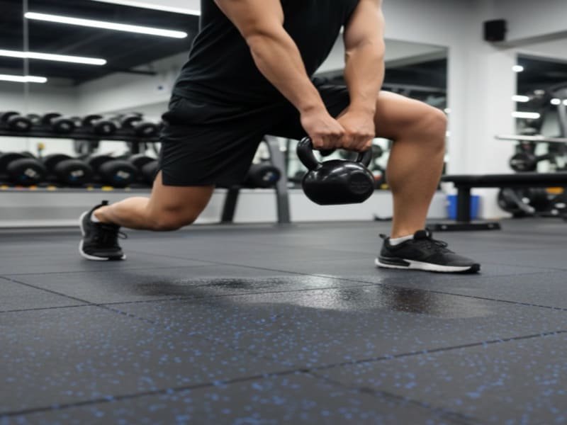 Uma pessoa a fazer exercício num chão de ladrilhos de borracha, realçando o conforto para os pés e as articulações.